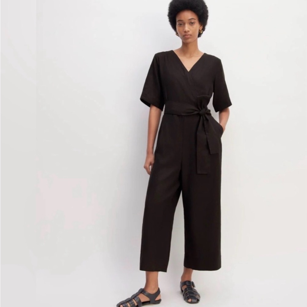 Everlane Black Wrap-Front Wide Leg Jumpsuit Linen Size 0